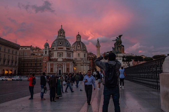 View of Roman cityscape at sunset by the Roman Forum