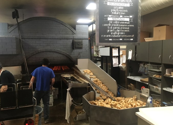 The assembly line at traditional Montreal bagel shop St Viateur Bagel & Cafe