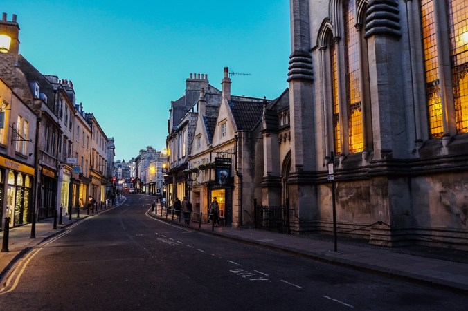 One of the main streets at dusk