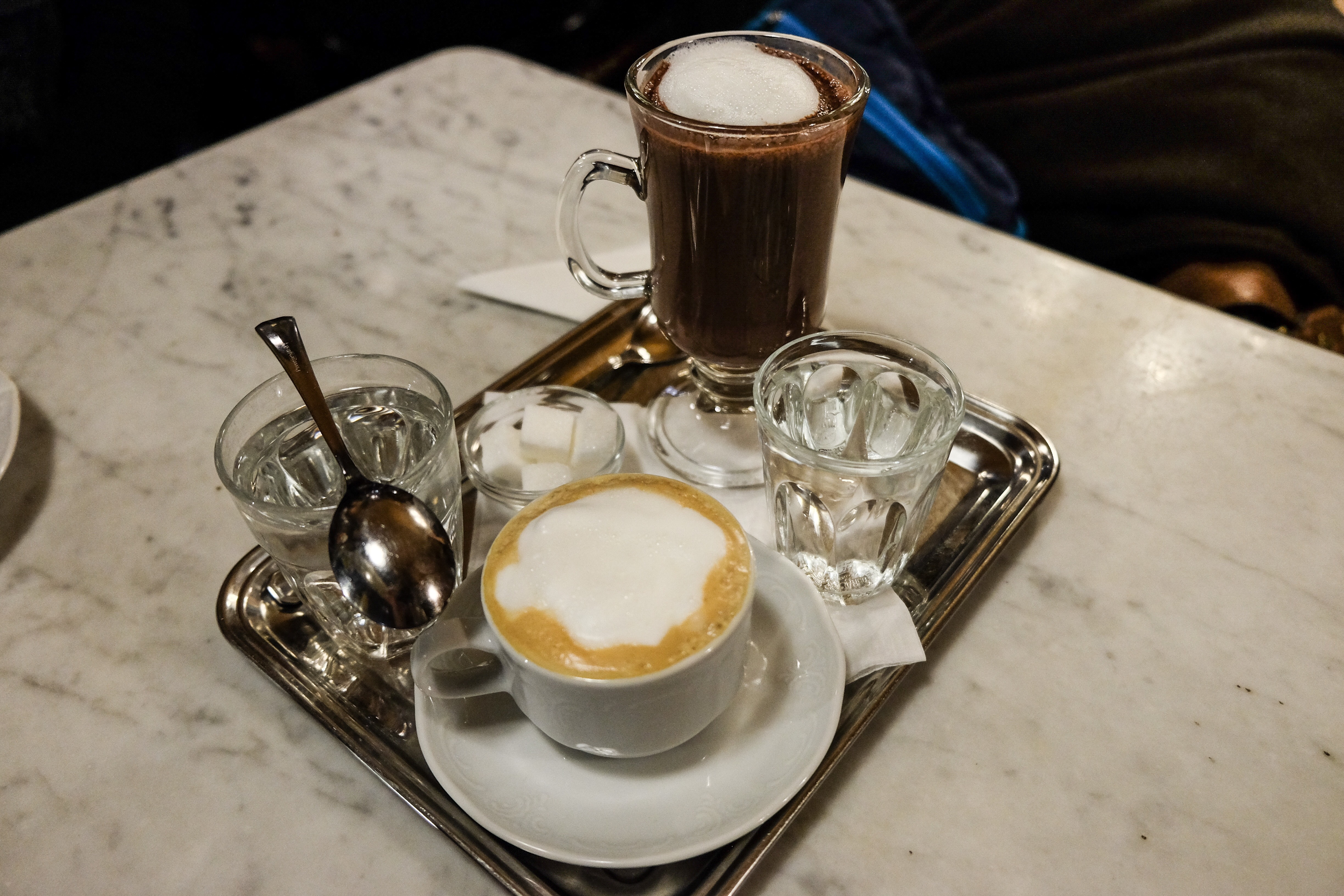 Coffee and hot chocolate on a tray
